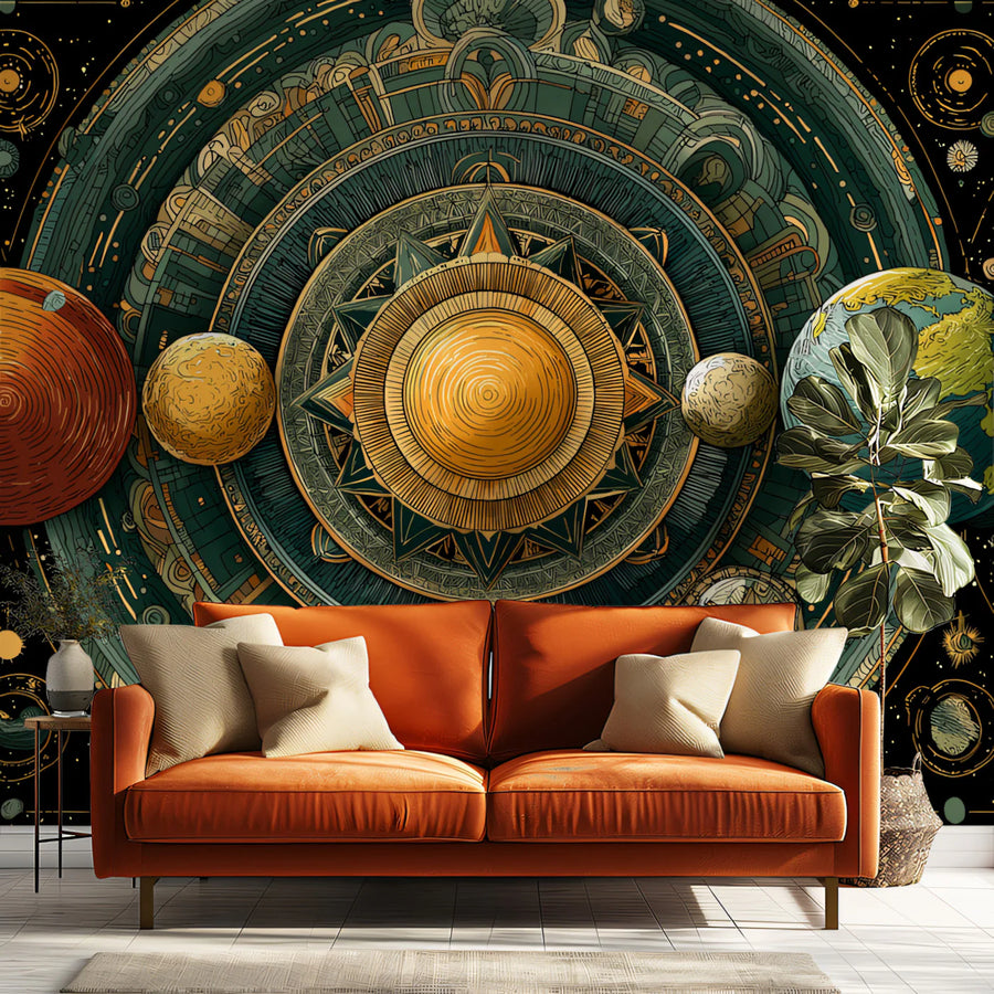 Celestial Orrey Mural Wallpaper — Vintage Cosmic Map Pattern Mural Wallpaper