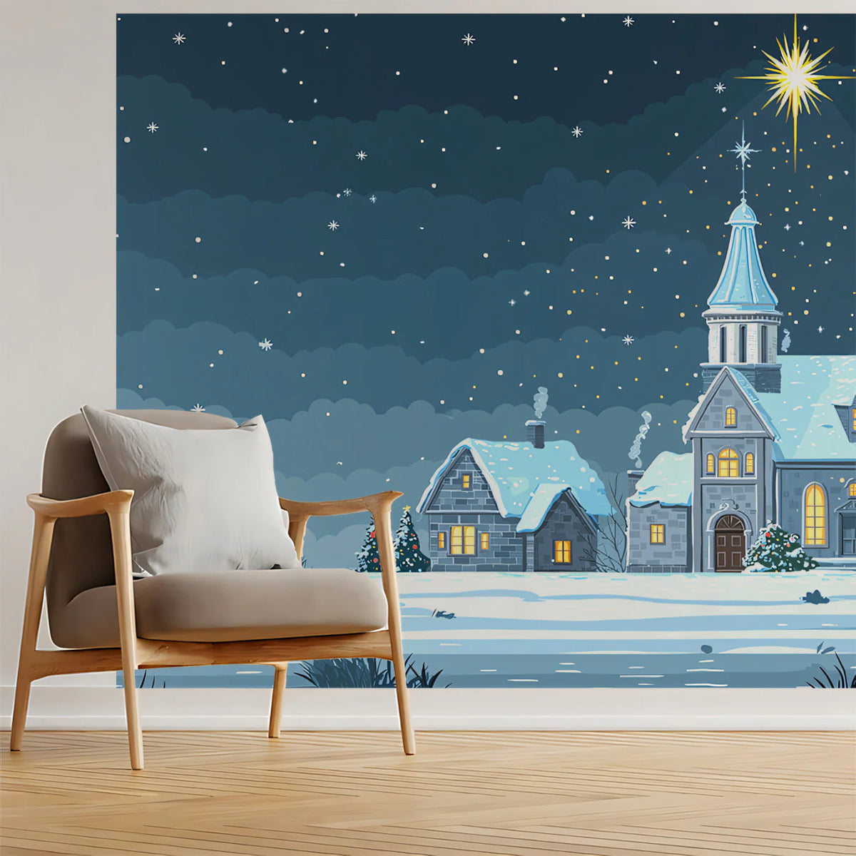 Snowy Village Night Mural Wallpaper — Festive Holiday Illustration Mural Wallpaper - pure wallpaper artwork