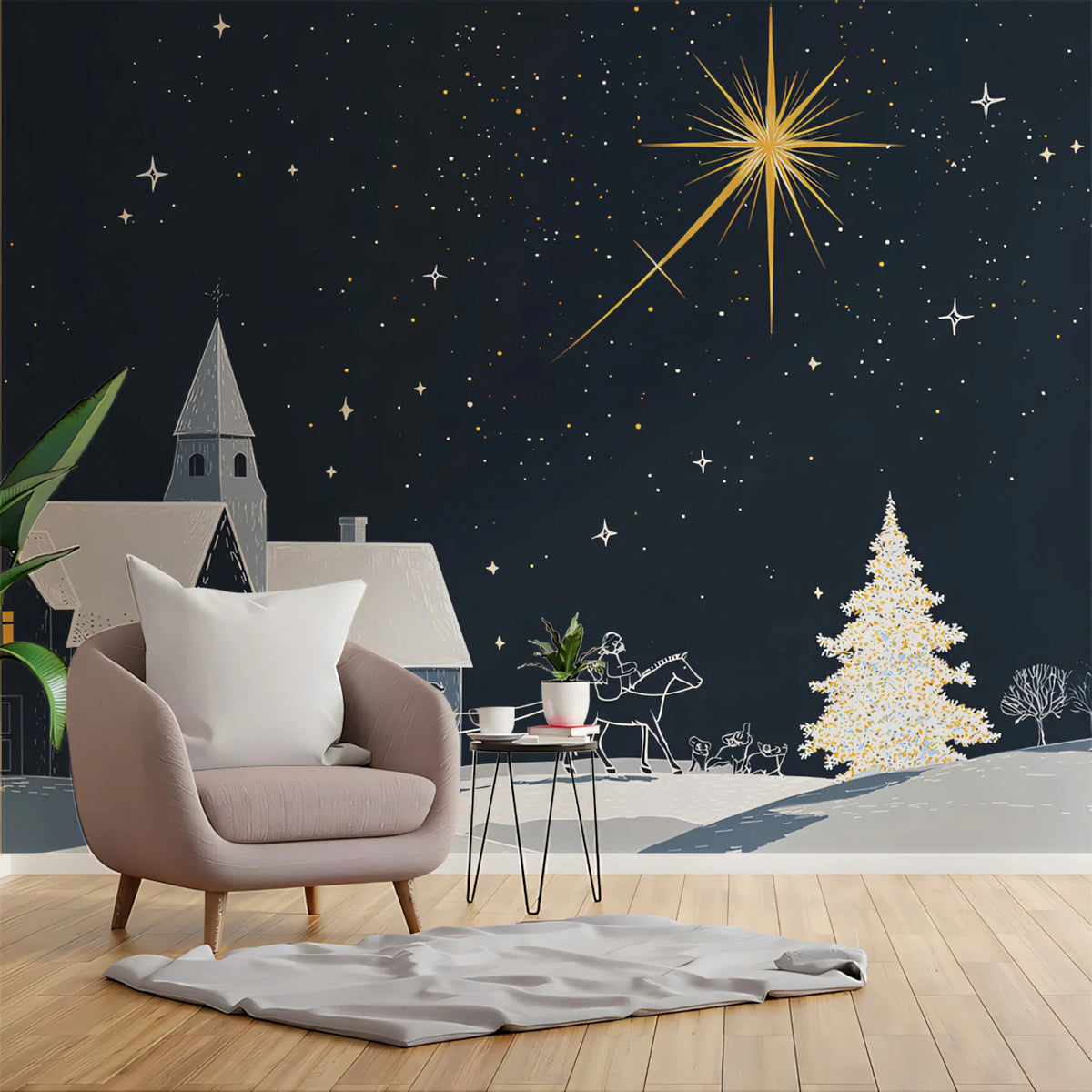 Starry Winter Village Mural Wallpaper — Midnight Blue Night Scene Mural Wallpaper - pure wallpaper artwork