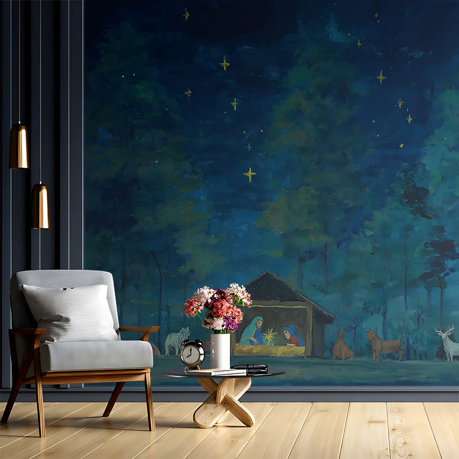 Starry Night Nativity Scene Mural Wallpaper — Artistic Forest Oil Art Mural Wallpaper