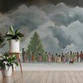 Snowy Christmas Gathering Mural Wallpaper — Artistic Winter Scene Mural Wallpaper - pure wallpaper artwork