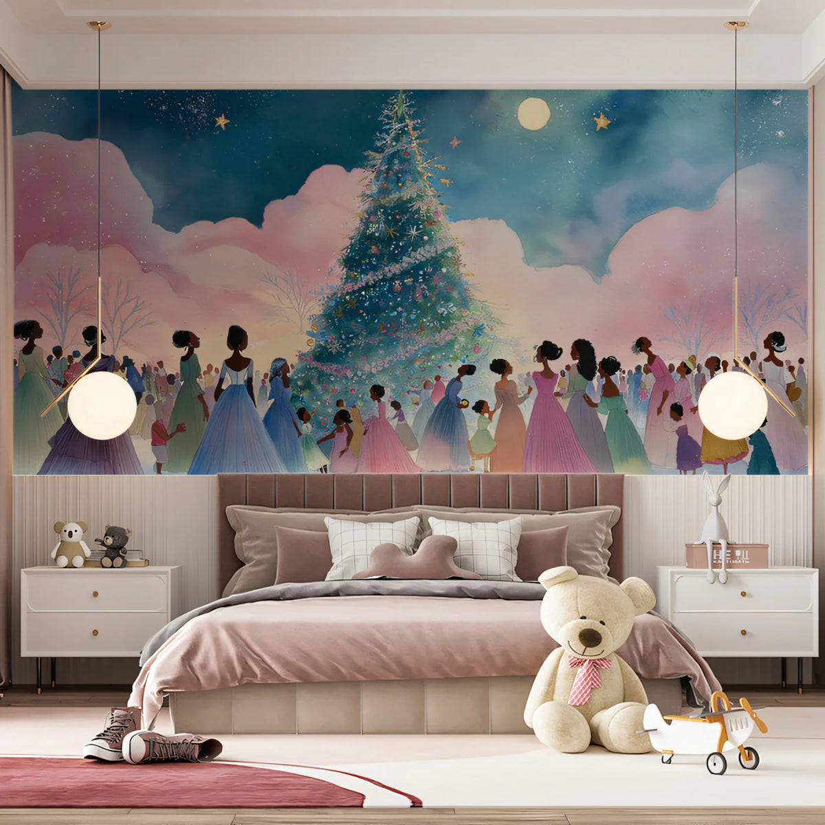 Dreamlike Winter Ball Mural Wallpaper — Watercolor Festive Scene Mural Wallpaper - pure wallpaper artwork