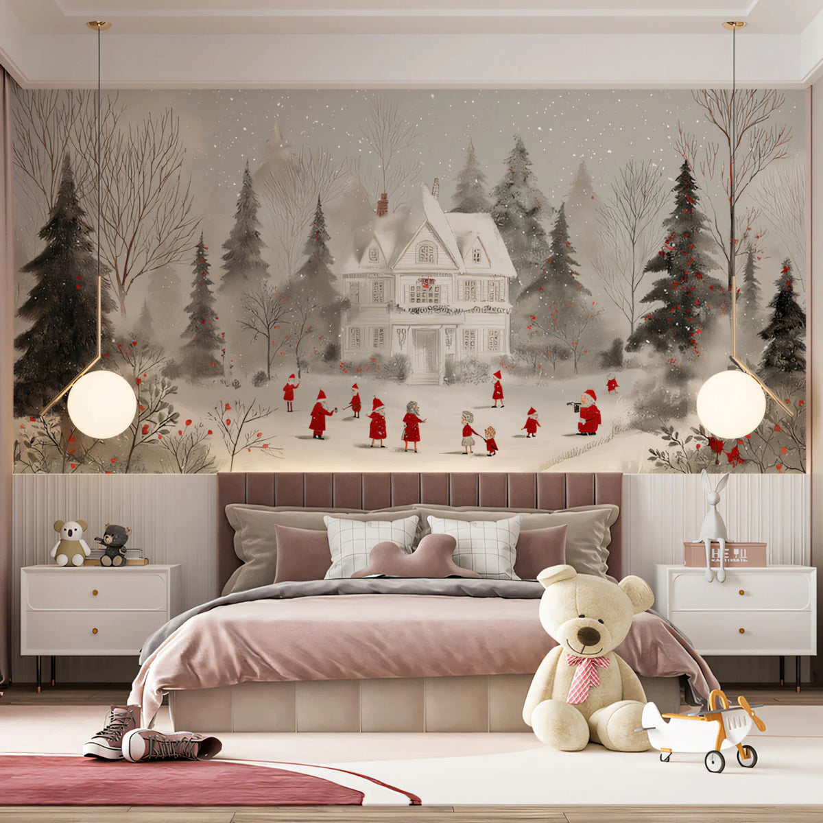 Snowy Victorian Mansion Illustration Mural Wallpaper - pure wallpaper artwork