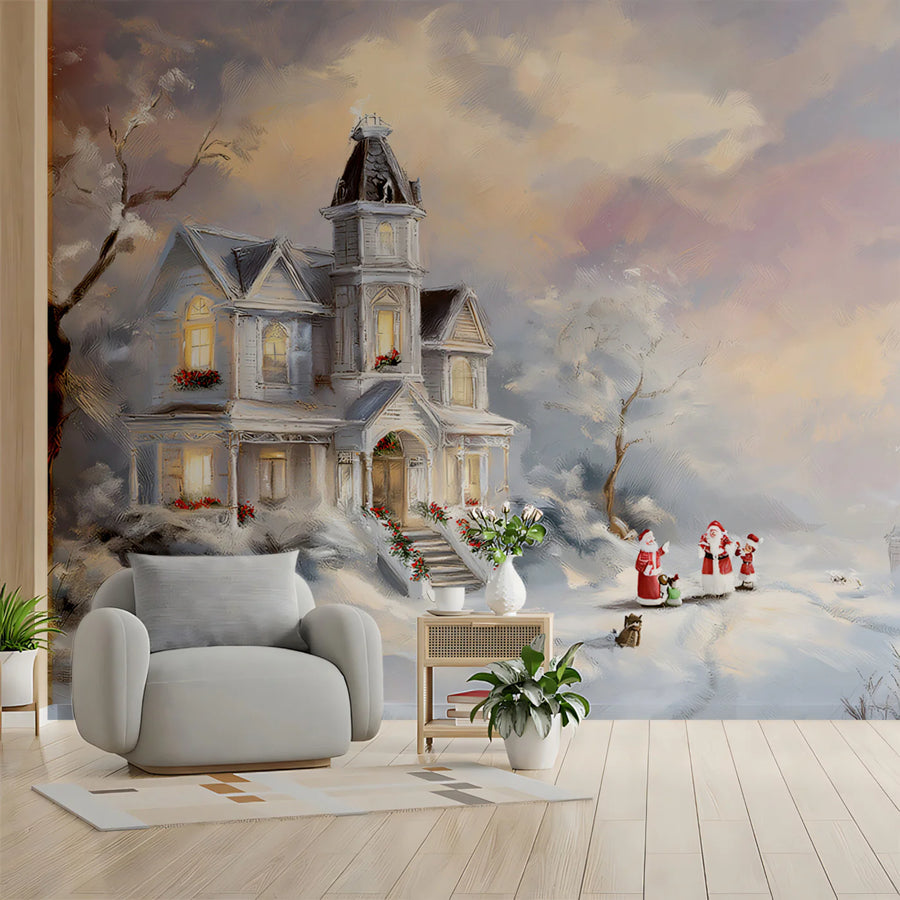 Winter Victorian Mansion Mural Wallpaper — Impressionistic Scene Mural Wallpaper