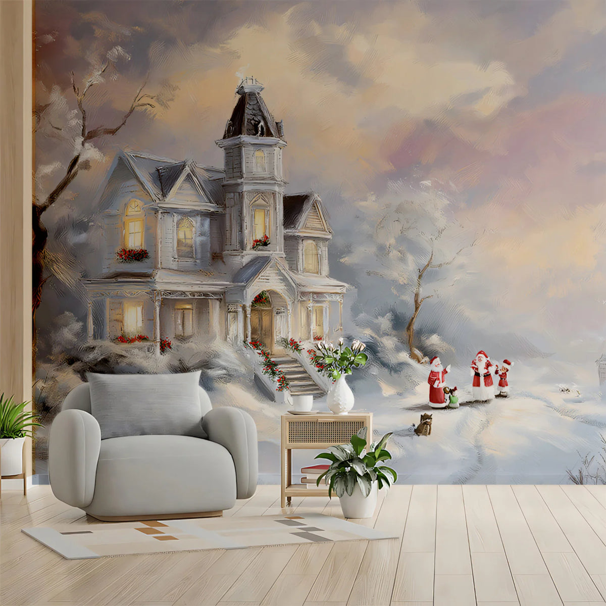 Winter Victorian Mansion Mural Wallpaper — Impressionistic Scene Mural Wallpaper - pure wallpaper artwork