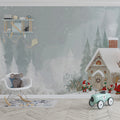 Winter Forest Cabin Illustration Mural Wallpaper - pure wallpaper artwork