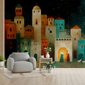Bethlehem Night Mural Wallpaper — Folk Art Townscape Scene Mural Wallpaper - pure wallpaper artwork