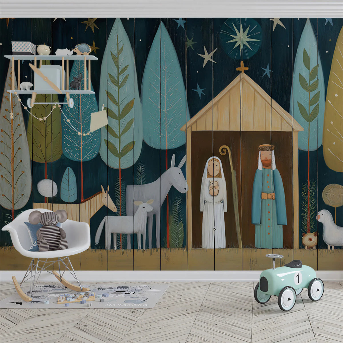 Stylized Nativity Forest Mural Wallpaper —Folk Art Woodland Scene Mural Wallpaper - pure wallpaper artwork