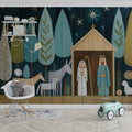 Stylized Nativity Forest Mural Wallpaper —Folk Art Woodland Scene Mural Wallpaper - pure wallpaper artwork