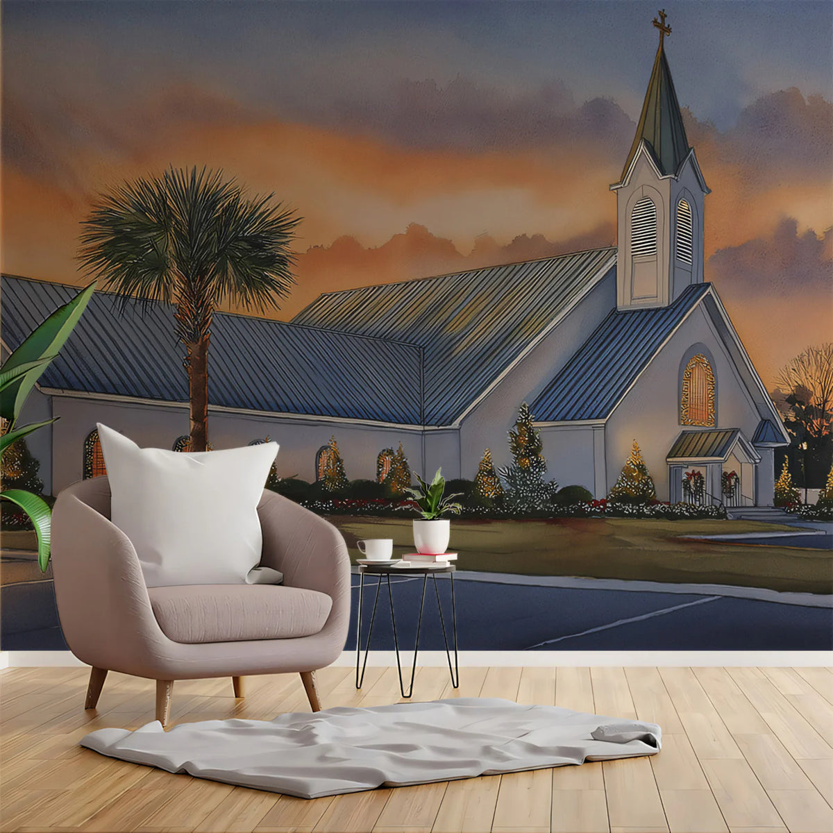 Coastal Church Sunset Mural Wallpaper — Warm Watercolor Landscape Mural Wallpaper - pure wallpaper artwork