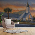 Coastal Church Sunset Mural Wallpaper — Warm Watercolor Landscape Mural Wallpaper - pure wallpaper artwork