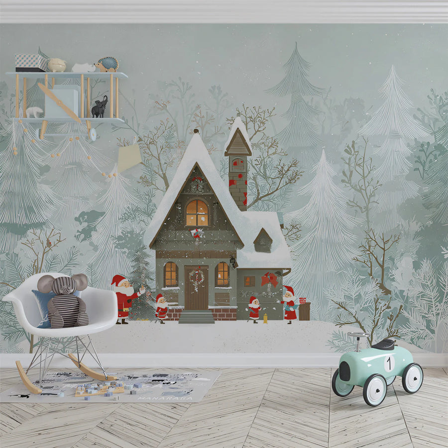 Snowy Cabin Woodland Mural Wallpaper — Whimsical Winter Illustration Mural Wallpaper
