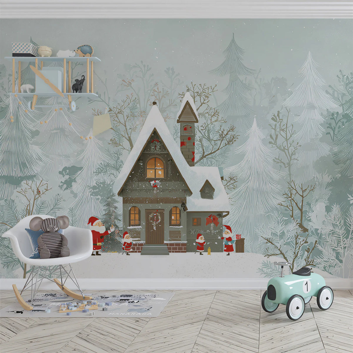 Snowy Cabin Woodland Mural Wallpaper — Whimsical Winter Illustration Mural Wallpaper - pure wallpaper artwork