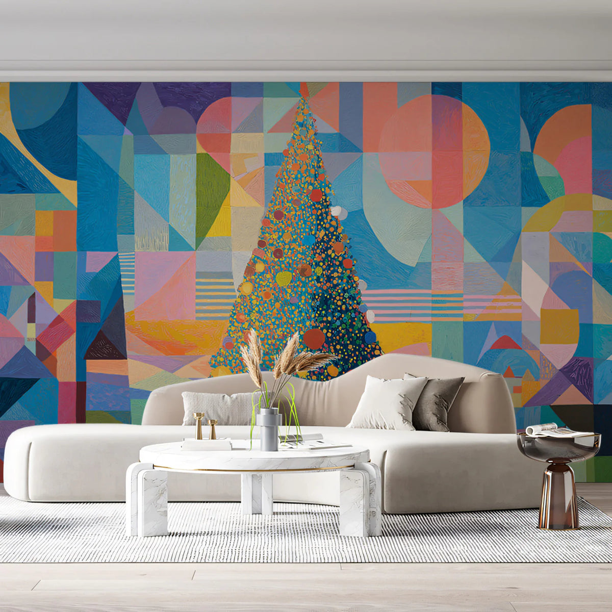 Abstract Geometric Holiday Tree Mural Wallpaper — Vibrant Cubist Art Mural Wallpaper - pure wallpaper artwork