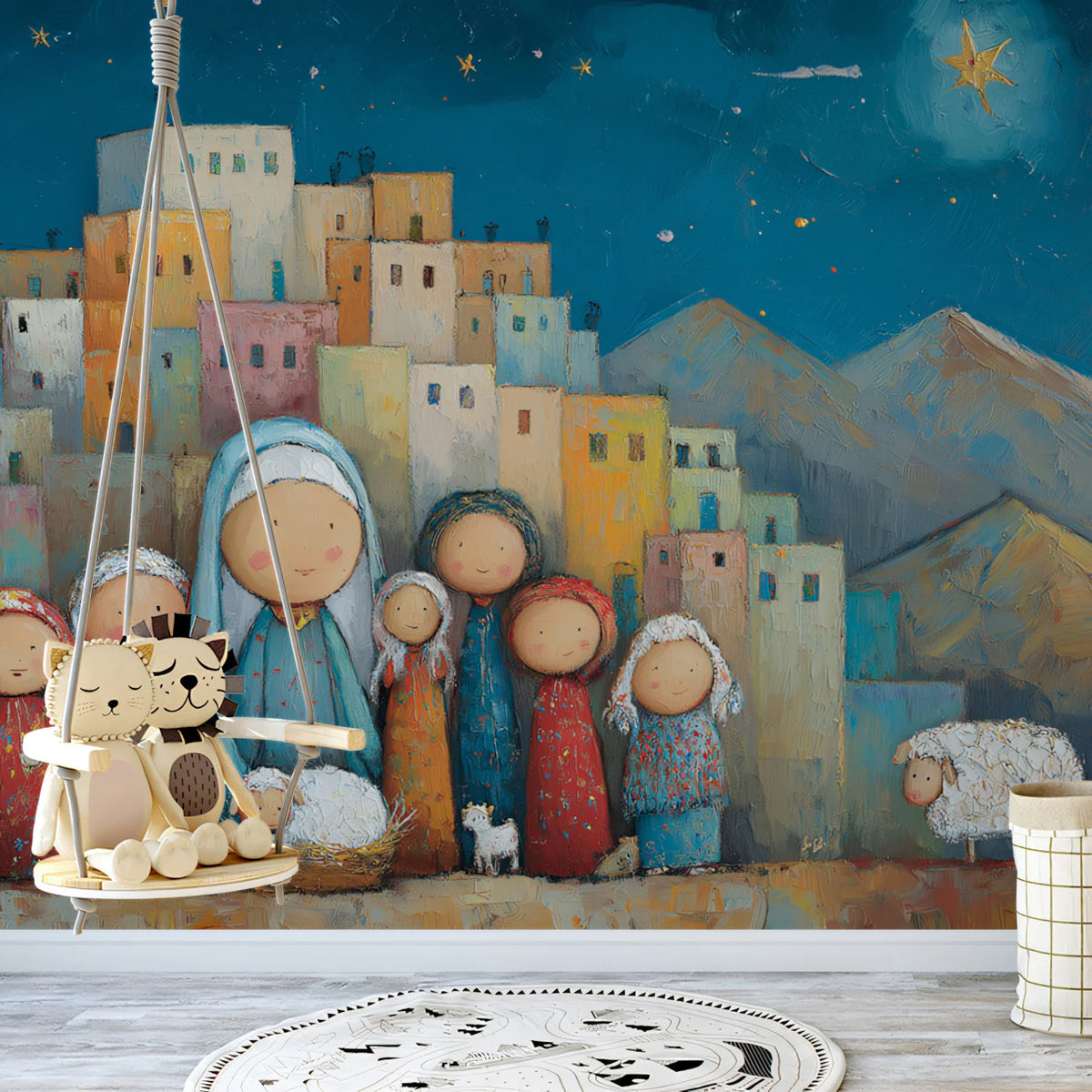 Stylized Folk Art Nativity Scene Mural Wallpaper Whimsical Townscape Mural Wallpaper - pure wallpaper artwork