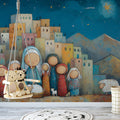 Stylized Folk Art Nativity Scene Mural Wallpaper Whimsical Townscape Mural Wallpaper - pure wallpaper artwork