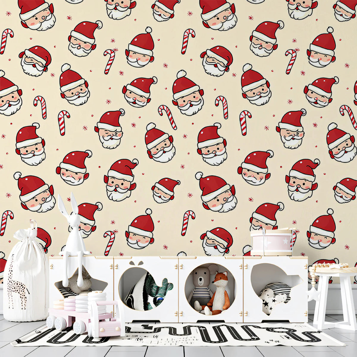 Santa and Candy Cane Mural Wallpaper — Whimsical Holiday Pattern Mural Wallpaper - pure wallpaper artwork