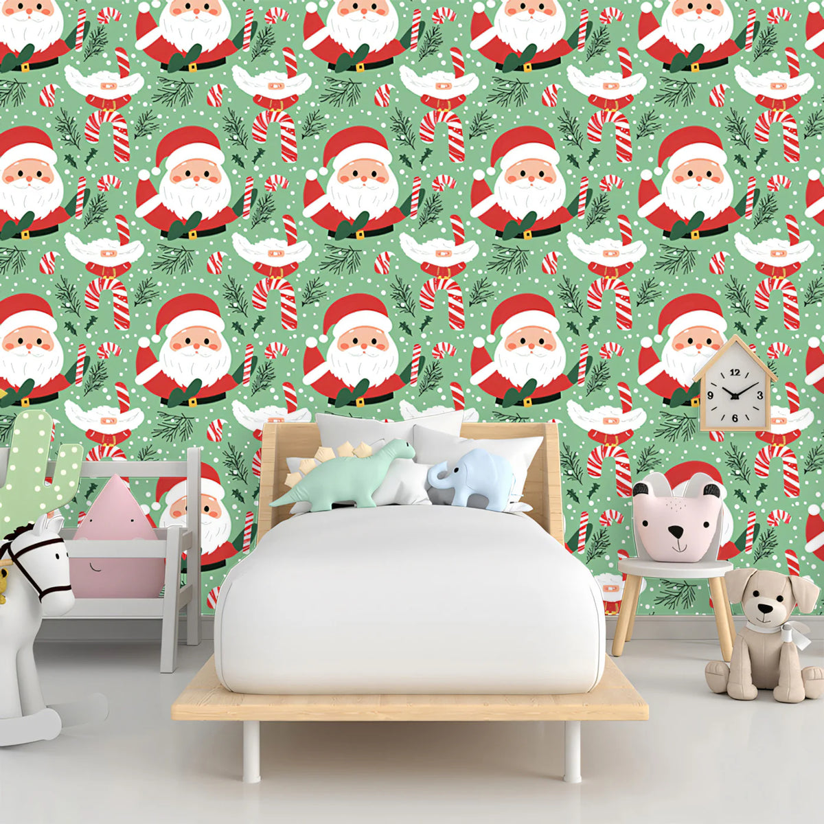 Santa and Candy Cane Christmas Mural Wallpaper — Festive Green Mural Wallpaper - pure wallpaper artwork