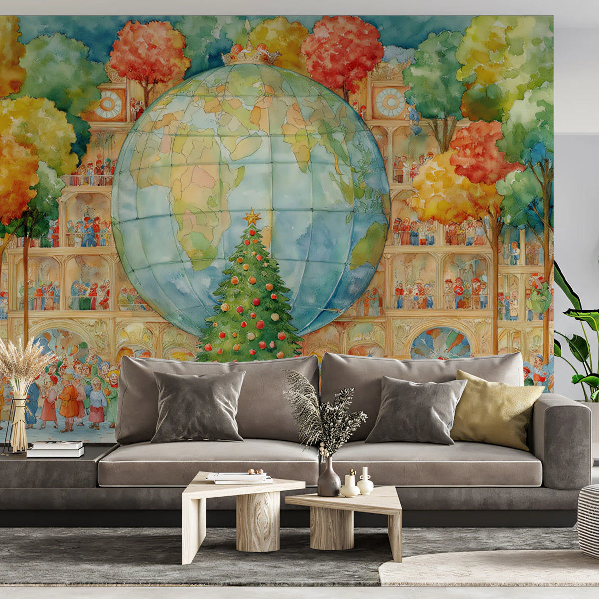 Global Holiday Celebration Mural Wallpaper — Whimsical Watercolor Art Mural Wallpaper - pure wallpaper artwork