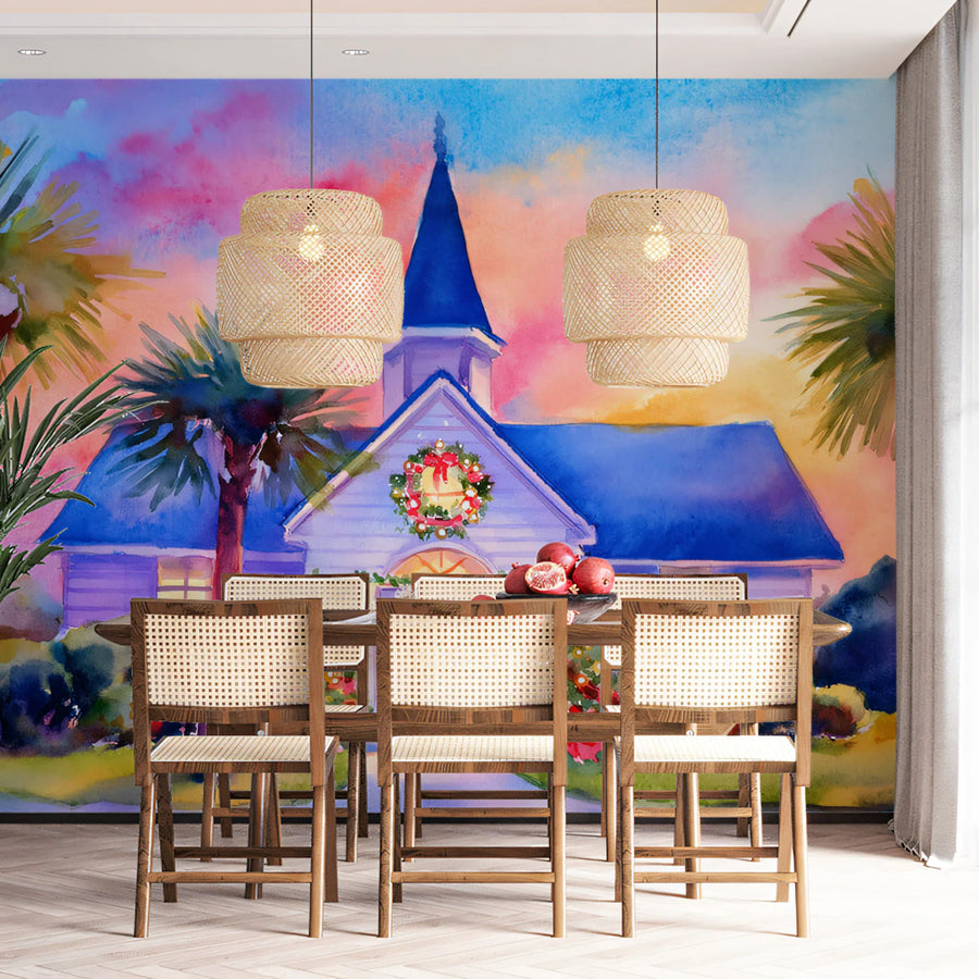 Tropical Christmas Church Watercolor Mural Wallpaper