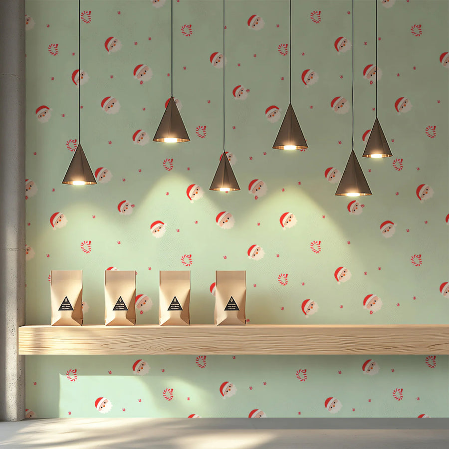 Minimalist Santa and Candy Swirl Mural Wallpaper — Soft Mint Green Mural Wallpaper