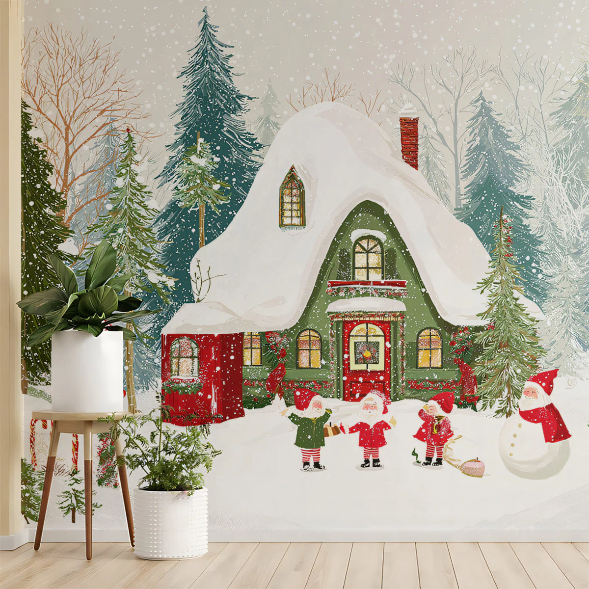 Winter Forest Cottage Mural Wallpaper — Whimsical Holiday Scene Mural Wallpaper - pure wallpaper artwork