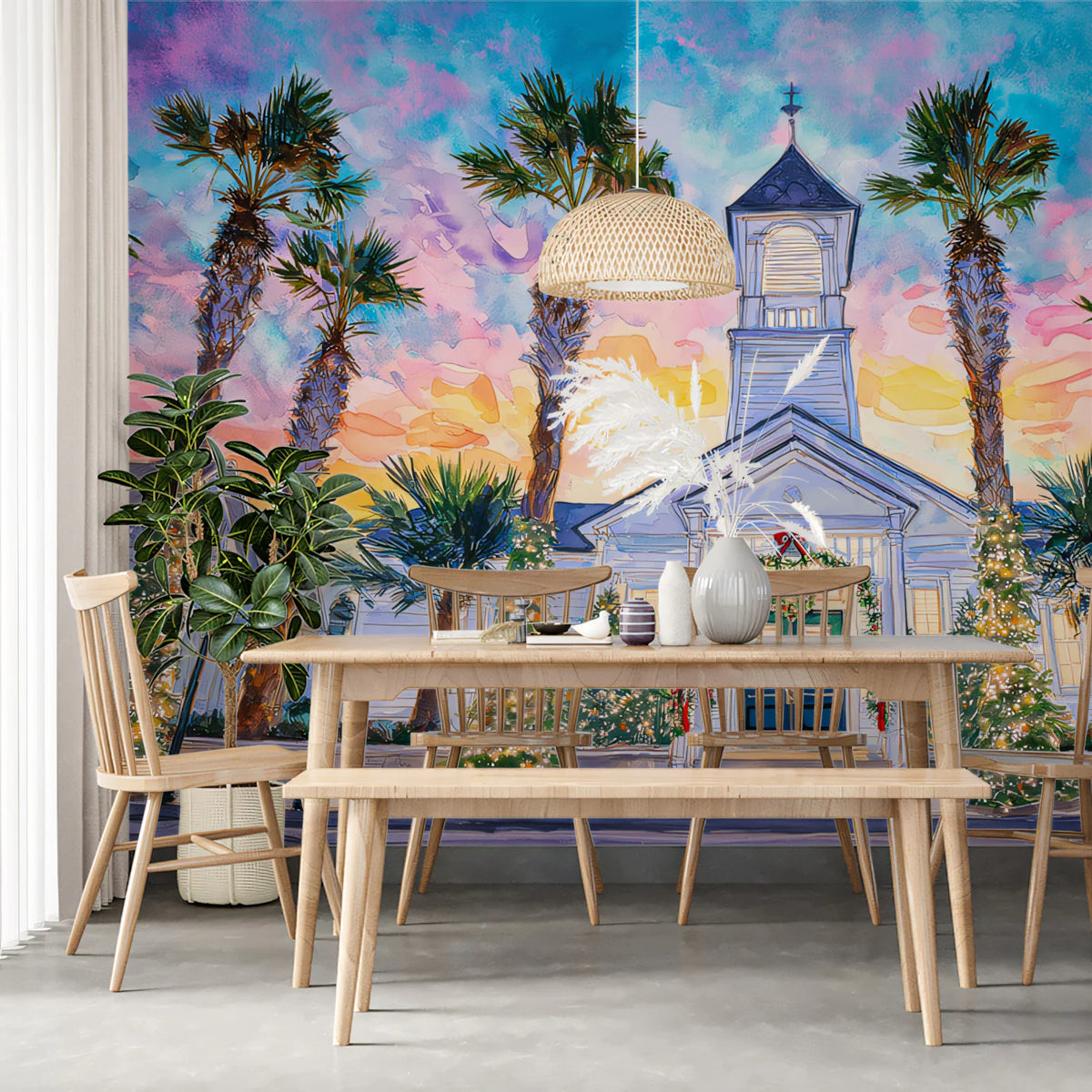 Tropical Coastal Church Mural Wallpaper — Artistic Sunset Scene Mural Wallpaper - pure wallpaper artwork