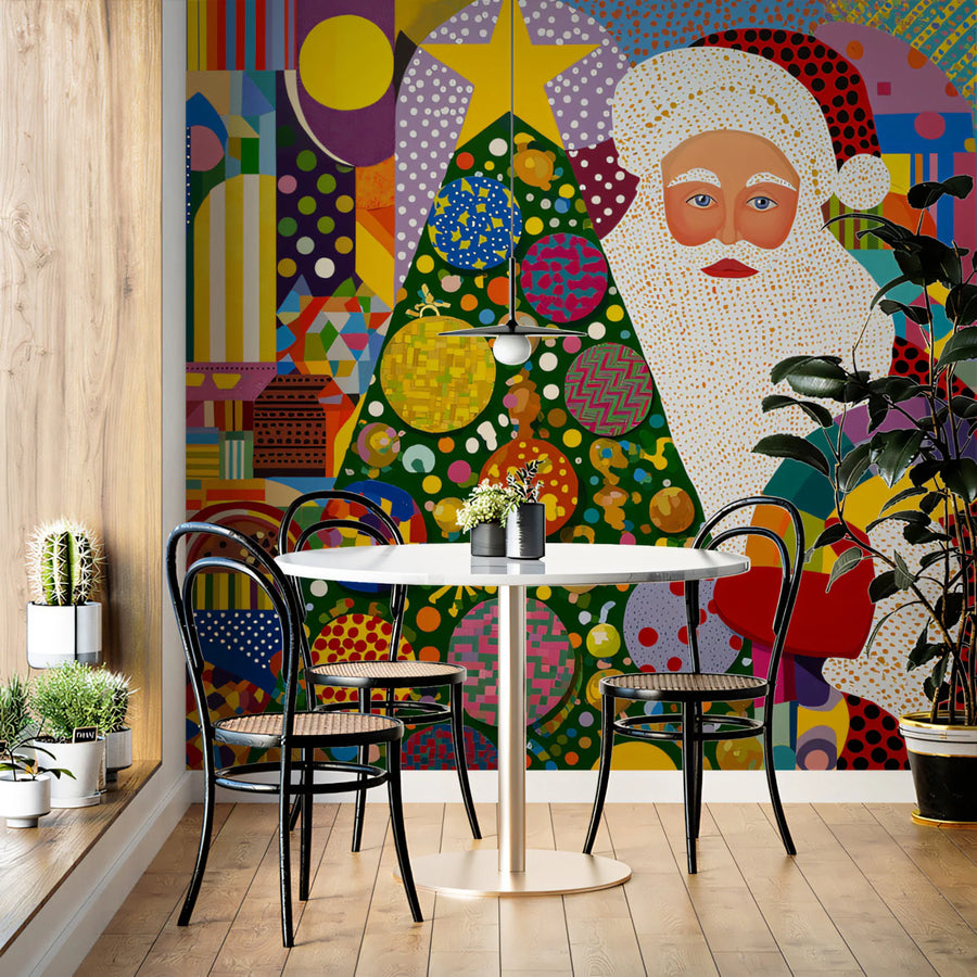 Pop Art Christmas Cityscape Mural Wallpaper — Vibrant Urban Festive Mural Wallpaper