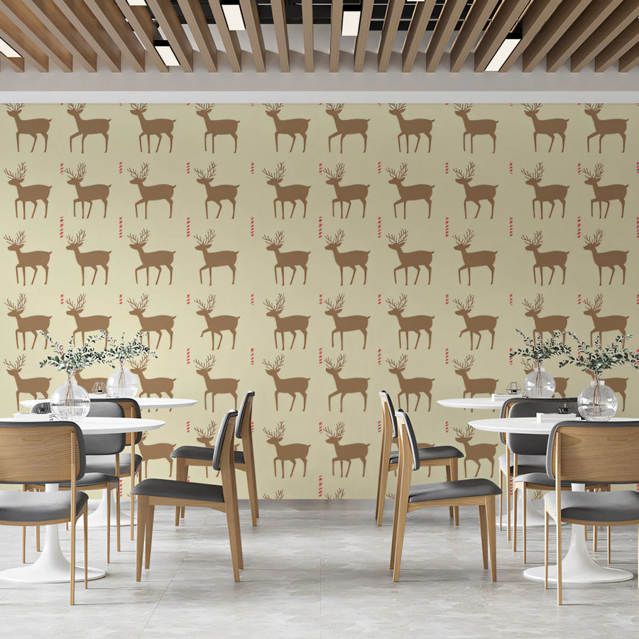 Reindeer and Candy Cane Grid Mural Wallpaper — Whimsical Decor Mural Wallpaper