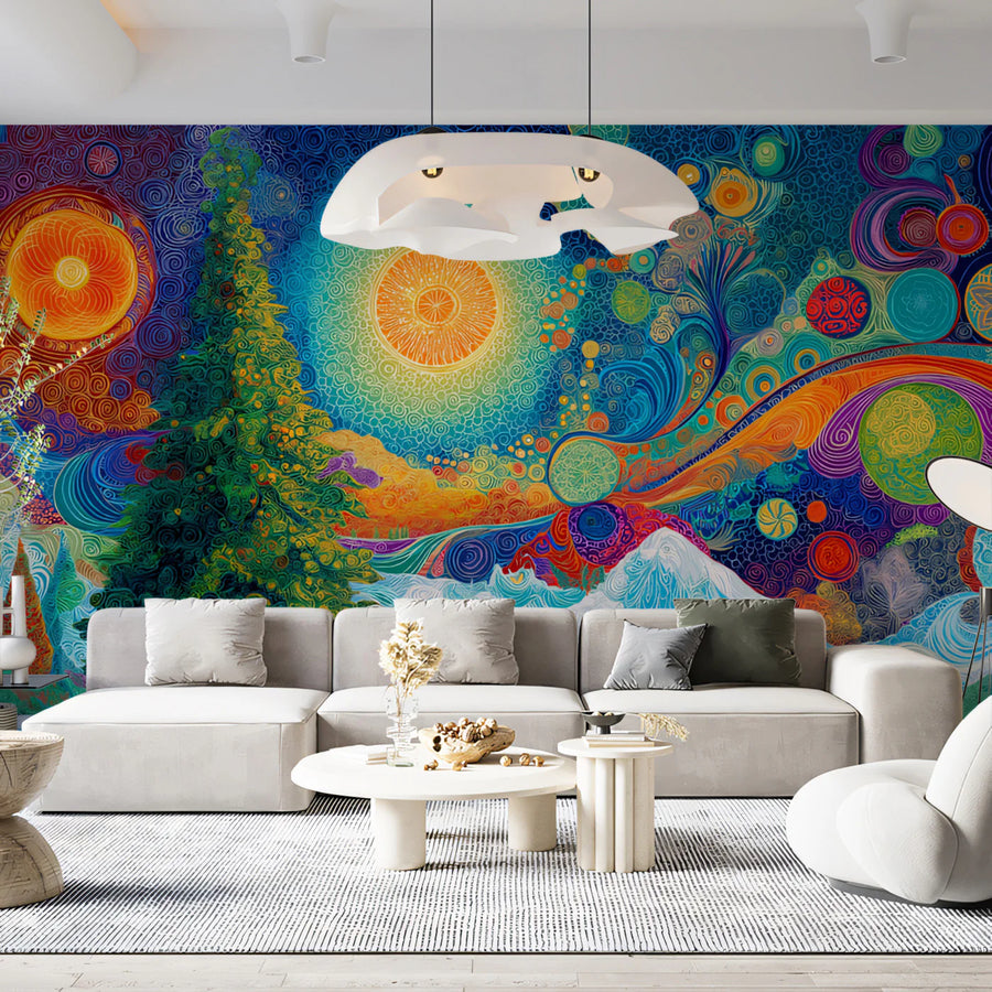 Cosmic Sun Mandala Mural Wallpaper — Vibrant Psychedelic Landscape Mural Wallpaper