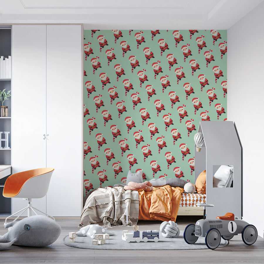 Mini Santa and Candy Cane Mural Wallpaper — Whimsical Holiday Mural Wallpaper