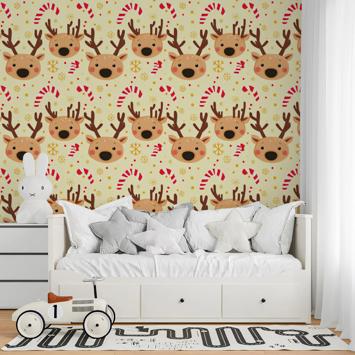Cheerful Reindeer and Snowflake Mural Wallpaper — Whimsical Holiday Mural Wallpaper - pure wallpaper artwork