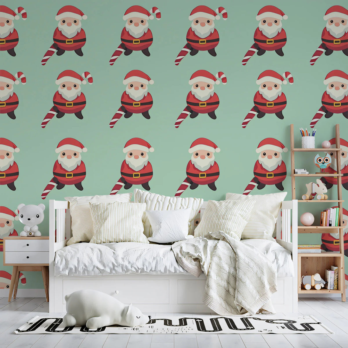 Santa and Candy Cane Grid Mural Wallpaper — Whimsical Holiday Decor Mural Wallpaper - pure wallpaper artwork