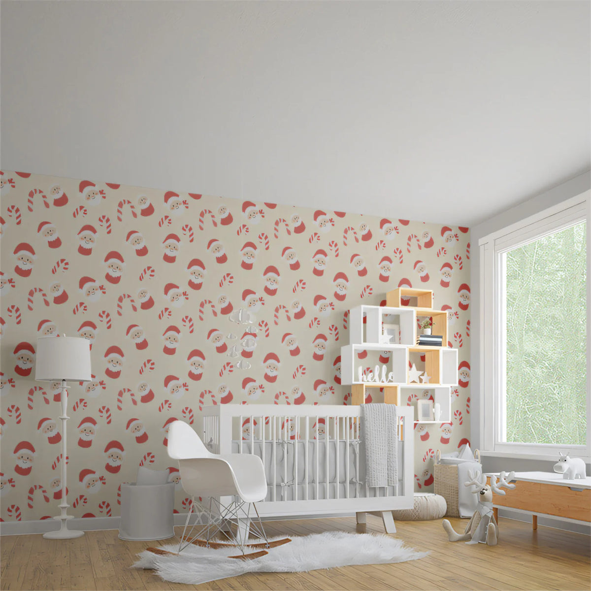 Santa and Candy Cane Mural Wallpaper — Festive Cream Pattern Mural Wallpaper - pure wallpaper artwork