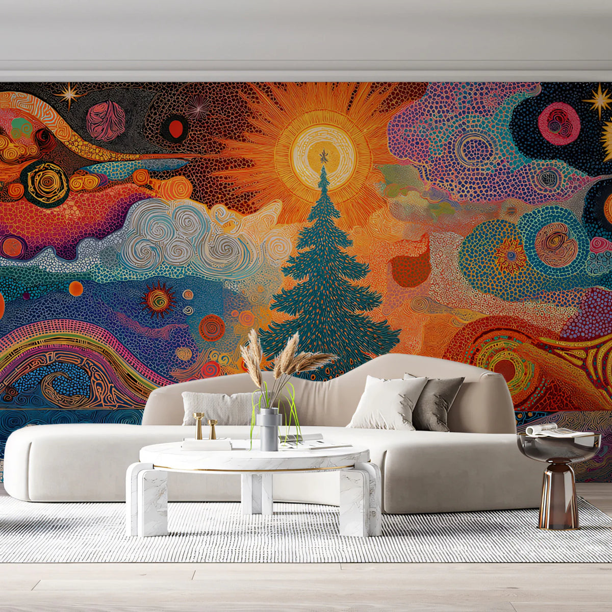 Cosmic Sunburst Christmas Tree Mural Wallpaper — Vibrant Abstract Art Mural Wallpaper - pure wallpaper artwork