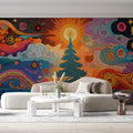 Cosmic Sunburst Christmas Tree Mural Wallpaper — Vibrant Abstract Art Mural Wallpaper - pure wallpaper artwork
