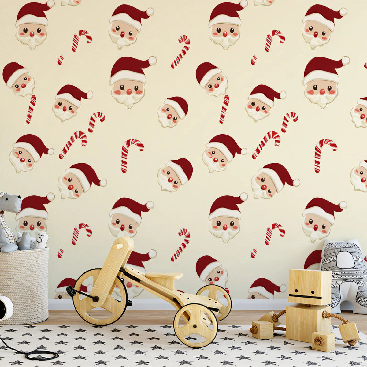 Santa and Candy Cane Mural Wallpaper — Whimsical Holiday Pattern Mural Wallpaper - pure wallpaper artwork
