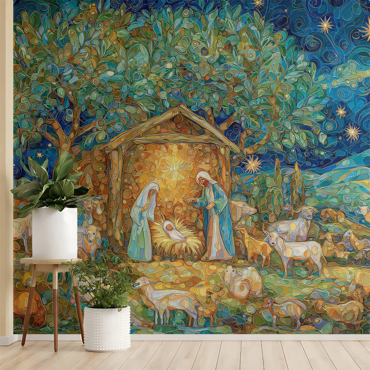 Nativity Mosaic Mural Wallpaper — Starlit Artistic Landscape Mural Wallpaper - pure wallpaper artwork