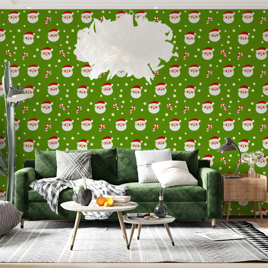 Merry Santa & Candy Cane Mural Wallpaper — Festive Holiday Green Mural Wallpaper
