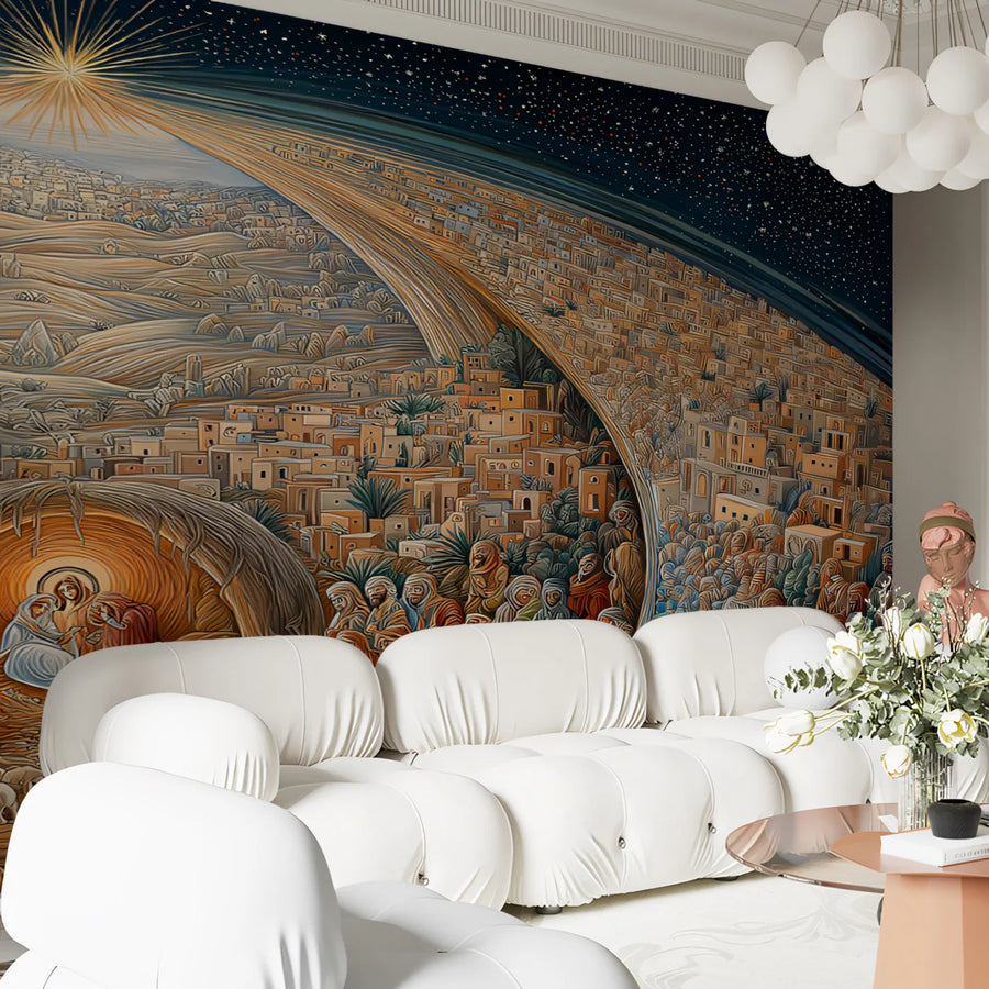 Panoramic Nativity Mural Wallpaper — A Grand Celestial Fresco Mural Wallpaper