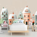 Snowy Village Row House Mural Wallpaper — Whimsical Holiday Charm Mural Wallpaper - pure wallpaper artwork