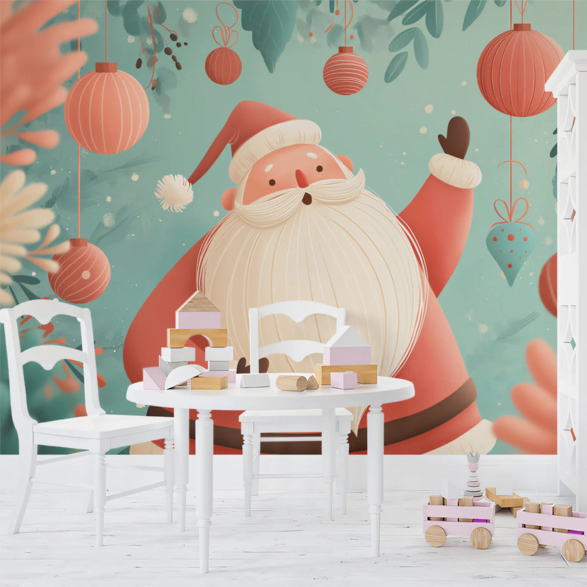 Jolly Santa Illustration Mural Wallpaper — Whimsical Holiday Charm Mural Wallpaper - pure wallpaper artwork