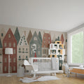 Nordic Row House and Elf Mural Wallpaper — Whimsical Winter Scene Mural Wallpaper - pure wallpaper artwork