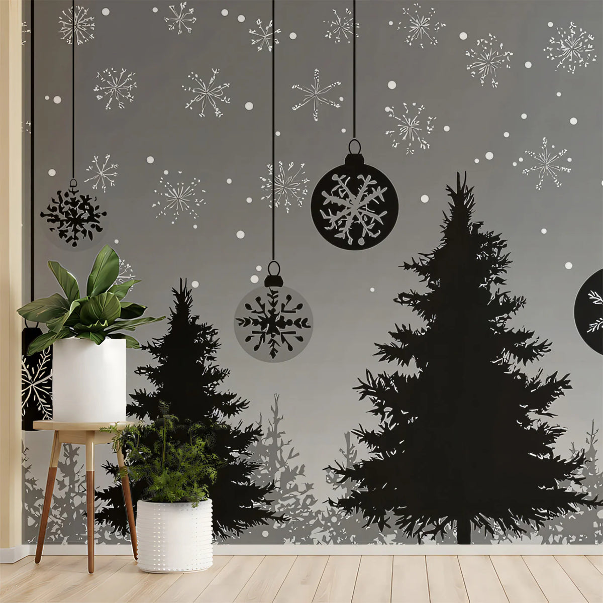 Winter Forest and Ornament Mural Wallpaper — Modern Graphic Design Mural Wallpaper - pure wallpaper artwork