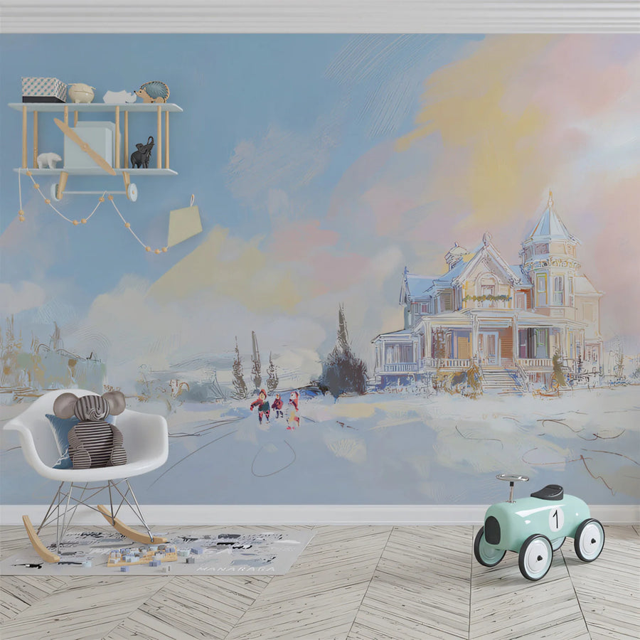 Snowy Mansion Landscape Mural Wallpaper — Impressionistic Winter Mural Wallpaper