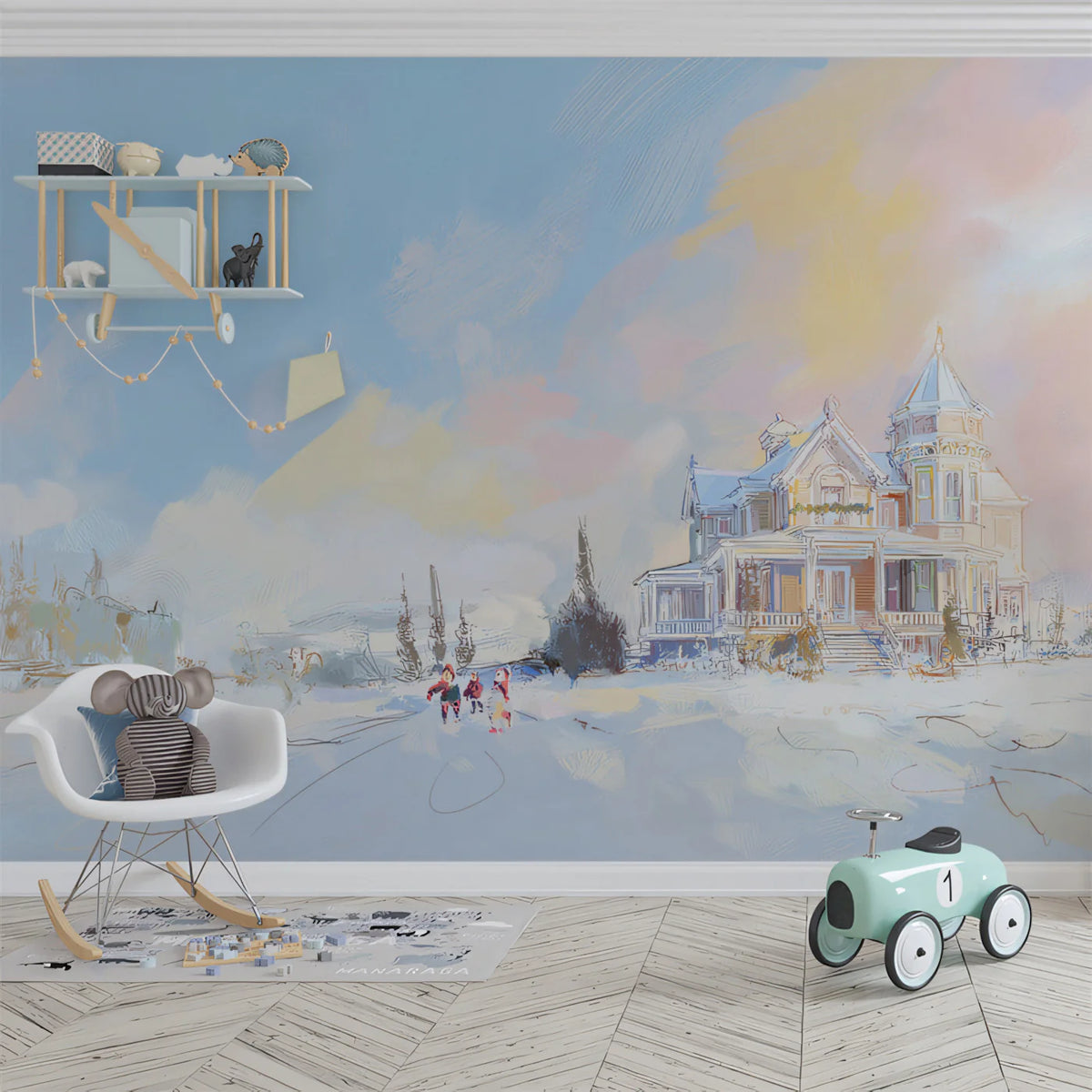Snowy Mansion Landscape Mural Wallpaper — Impressionistic Winter Mural Wallpaper - pure wallpaper artwork