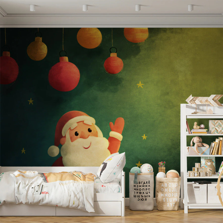 Folk Art Santa Vignette Mural Wallpaper — Whimsical Holiday Decor Mural Wallpaper