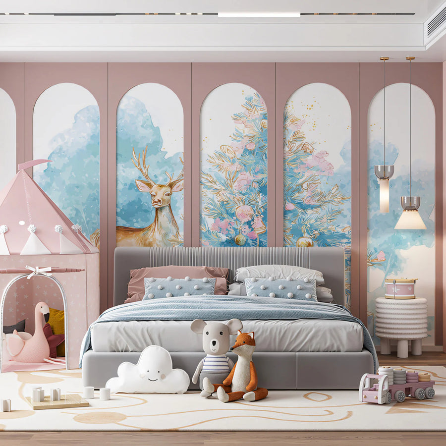 Watercolor Deer and Christmas Tree Mural — Soft Pastel Holiday Mural Wallpaper