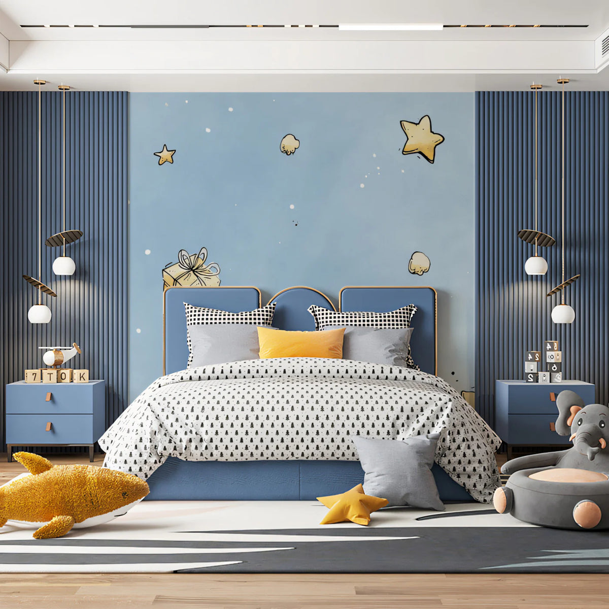 Floating Stars and Gifts Mural Wallpaper —Whimsical Sketch Mural Wallpaper - pure wallpaper artwork