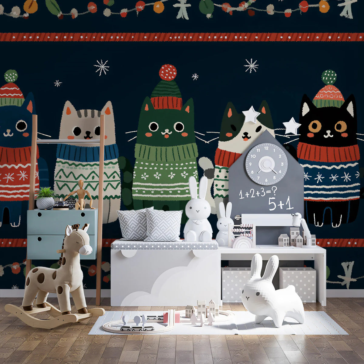 Nordic Cat Sweater Border Mural Wallpaper — Festive Folk Art Style Mural Wallpaper - pure wallpaper artwork